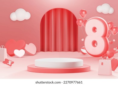 Women's day banner for product demonstration, Pink podium banner for online shopping or social media.