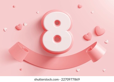 Women's day banner for product demonstration, 3D Pink ribbon with number 8 and hearts on pink background.