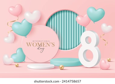 Women's day banner for product demonstration. Green pedestal or podium with heart-shaped balloons on pink background.