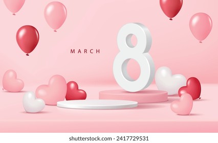 Women's day banner for product demonstration. White pedestal or podium with heart-shaped balloons on pink background.