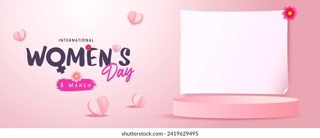Womens day banner for product demonstration with empty white paper. Pedestal or podium, 8 march with flowers and paper hearts on pink background. Vector illustration