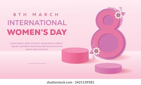 Women's Day Banner for Product Demonstration. Pink Pedestal or Podium with Women's Day 8 Icon 