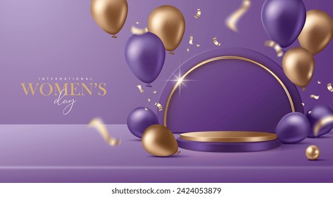 Frauentag-Banner für Produktvorführungen. Goldenes Podium mit Ballons und Konfetti auf violettem Hintergrund.