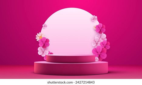 Women's day banner for product demonstration. Pink pedestal or podium with number flowers on pink background. Vector illustration