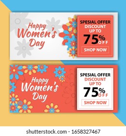 women's day banner for sales or coupons. colorful flowers with a flat color style.
