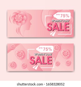 women's day banner for sales or coupons. illustration of a beautiful woman's face looking sideways.