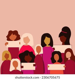 Women's Day banner with silhouettes of multi ethic women's faces in paper cut and copy space, 3D illustration. Females for feminism, independence, sisterhood, empowerment, activism for women rights