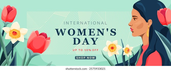 Womens day banner vector background. 8 march sale concept with woman face, spring flowers bouquet, geometric line pattern, typography offer shop online.