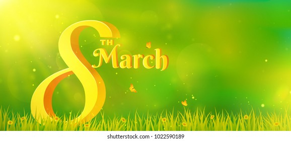 Women's Day banner with volumetric number and text. Horizontal nature background with copy space. Vector illustration for March 8th.