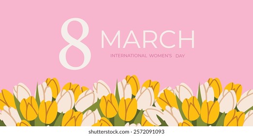 Women's Day banner with yellow and white tulips. Flyer for March 8 with flowers and spring decor. Minimalistic design on a pastel pink background. Vector illustration, banner, poster.