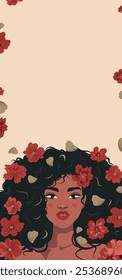 Women's day. Beautiful African woman on the background of flowers and place for text. March 8. Feminism. Gender equality and women's empowerment. Vector bright flat banner