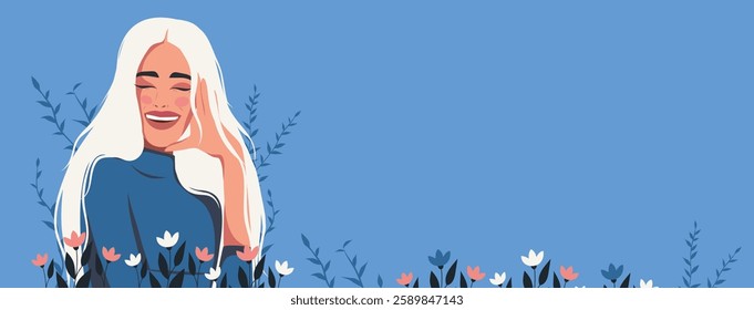 Women's day. Beautiful happy woman girl smiling on the background of flowers and sky. Illustration with place text. For women's projects. Gender equality and women's empowerment