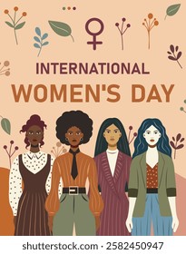 Women's Day. Beautiful women of different skin colors and cultures, symbol of strength and freedom. Gender equality and women's empowerment. Vector banner for women's holidays and projects