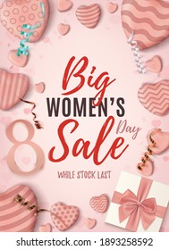 Women's Day big sale vertical poster. Pink abstract design template with realistic candy hearts blue bow, ribbons and a gift box. Background, brochure or flyer template. Vector illustration.
