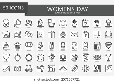 Women's day black outline icons set. contain gender, freedom, jewelry, dress, education, greeting, ribbon, heels and more. Vector EPS 10 for banner, print, digital UI, UX kit, web and app development.