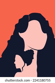 Women's day campaign poster background design with two or more girls with faces silhouette vector illustration. Female friendship. Colorful vector illustration.