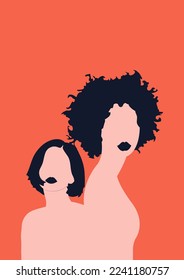 Women's day campaign poster background design with two or more girls with faces silhouette vector illustration. Female friendship. Colorful vector illustration.