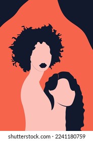 Women's day campaign poster background design with two or more girls with faces silhouette vector illustration. Female friendship. Colorful vector illustration.