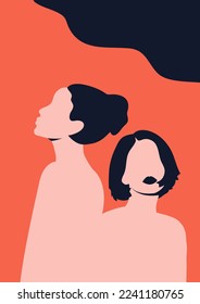 Women's day campaign poster background design with two or more girls with faces silhouette vector illustration. Female friendship. Colorful vector illustration.