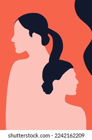 Women's day campaign poster background design with two or more girls with faces silhouette vector illustration. Female friendship. Colorful vector illustration.