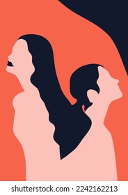 Women's day campaign poster background design with two or more girls with faces silhouette vector illustration. Female friendship. Colorful vector illustration.
