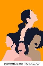 Women's day campaign poster background design with two or more girls with faces silhouette vector illustration. Female friendship. Colorful vector illustration.