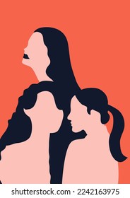 Women's day campaign poster background design with two or more girls with faces silhouette vector illustration. Female friendship. Colorful vector illustration.