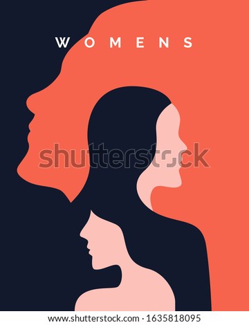 women's day campaign poster background design with two long hair girl with face silhouette vector illustration.