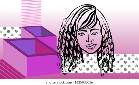 Women's day card or background. March 8th celebration. Portrait of a young woman is hand drawn and modern number eight consists of 3 D walls of purple, rose, pink and red. Geometric style vector 