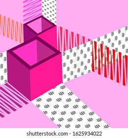 Women's day card or background. March 8th celebration. Modern number eight consists of 3 D walls of purple, rose, pink, white and red. 
Floral ornament in the band. Geometric style vector illustration