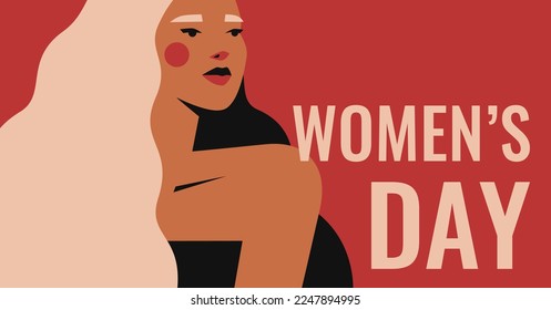 Women's Day card with blonde power girl. Design for 8 March with strong young woman.  The concept of the female's empowerment movement. vector illustration