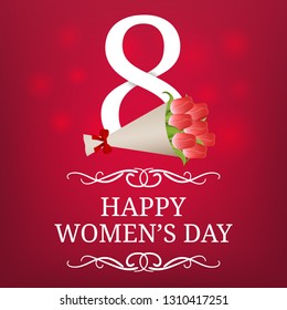 Women's Day Card with Bouquet of Tulips. 8 March. Greeting Card, Banner, Poster, Invitation. Vector illustration for Your Design.