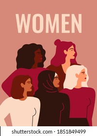 Women's Day card. Five Strong girls of different cultures and ethnicities stand together. Vector concept of gender equality and of the female empowerment movement. Vector illustration