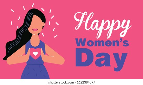 Women's Day card. Happy Women's internarional day cards. People colorfull illustration. 8 march card for print. Pink background