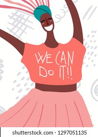 Womens day card, poster, banner, with quote We can do it and smiling black woman portrait. Hand drawn vector illustration. Flat style design. Concept, element for feminism, girl power.