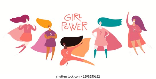 Womens day card, poster, banner, with quote and superhero women. Isolated objects on white background. Hand drawn vector illustration. Flat style design. Concept, element for feminism, girl power.