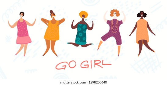 Womens day card, poster, banner with quote and diverse dancing women. Isolated objects on white background. Hand drawn vector illustration. Flat style design. Concept, element for feminism, girl power