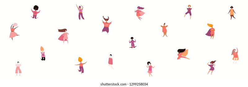 Womens day card, poster, banner, with crowd of tiny diverse women. Isolated objects on white background. Hand drawn vector illustration. Flat style design. Concept, element for feminism, girl power.