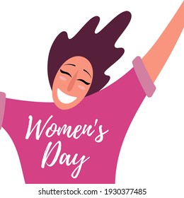 Womens day card, poster, banner, with quote Womens Day and smiling woman portrait. Hand drawn vector illustration. Flat style design. Concept, element for feminism, girl power.
