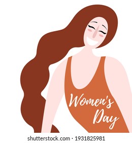 Womens day card, poster, banner, with quote Womens Day and smiling woman portrait. Hand drawn vector illustration. Flat style design. Concept, element for feminism, girl power.