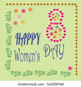 Womens day card. Romantic mark in frame and greeting. Two heart symbol love and holiday womens day. Romantic sign linked, join, love, passion. Design element. Vector illustration