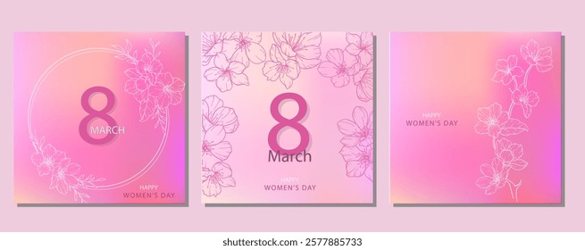 Womens Day Card. Set of Floral Posters for 8th March. Flower design Womens Day Greeting Cards. Women Day background Templates with Floral Line Art. 
