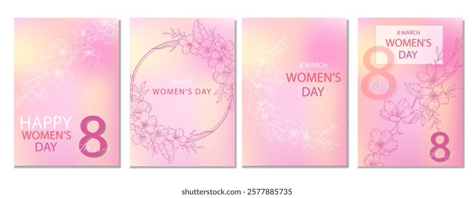 Womens Day Card. Set of Floral Posters for 8th March. Flower design Womens Day Greeting Cards. Women Day background Templates with Floral Line Art. 
