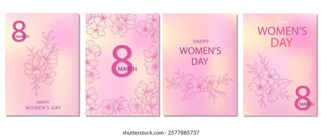 Womens Day Card. Set of Floral Posters for 8th March. Flower design Womens Day Greeting Cards. Women Day background Templates with Floral Line Art. 
