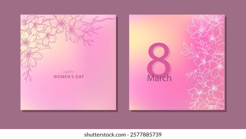 Womens Day Card. Set of Floral Posters for 8th March. Flower design Womens Day Greeting Cards. Women Day background Templates with Floral Line Art. 
