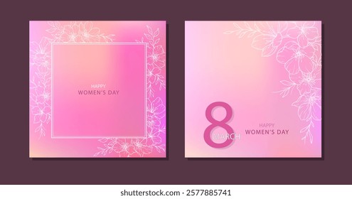 Womens Day Card. Set of Floral Posters for 8th March. Flower design Womens Day Greeting Cards. Women Day background Templates with Floral Line Art. 
