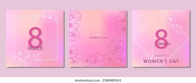 Womens Day Card. Set of Floral Posters for 8th March. Flower design Womens Day Greeting Cards. Women Day background Templates with Floral Line Art. 
