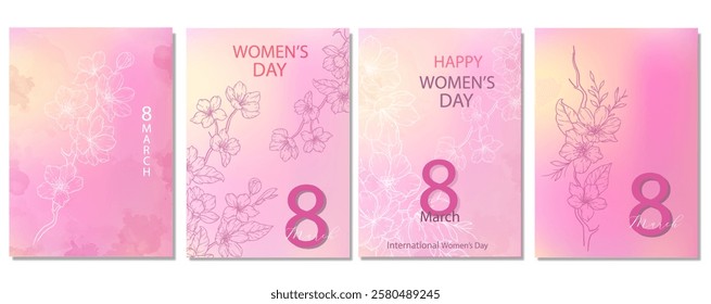 Womens Day Card. Set of Floral Posters for 8th March. Flower design Womens Day Greeting Cards. Women Day background Templates with Floral Line Art. 
