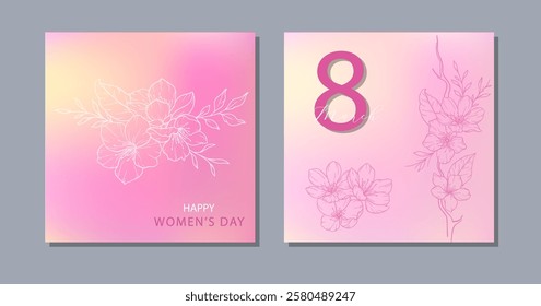 Womens Day Card. Set of Floral Posters for 8th March. Flower design Womens Day Greeting Cards. Women Day background Templates with Floral Line Art. 
