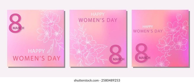 Womens Day Card. Set of Floral Posters for 8th March. Flower design Womens Day Greeting Cards. Women Day background Templates with Floral Line Art. 
